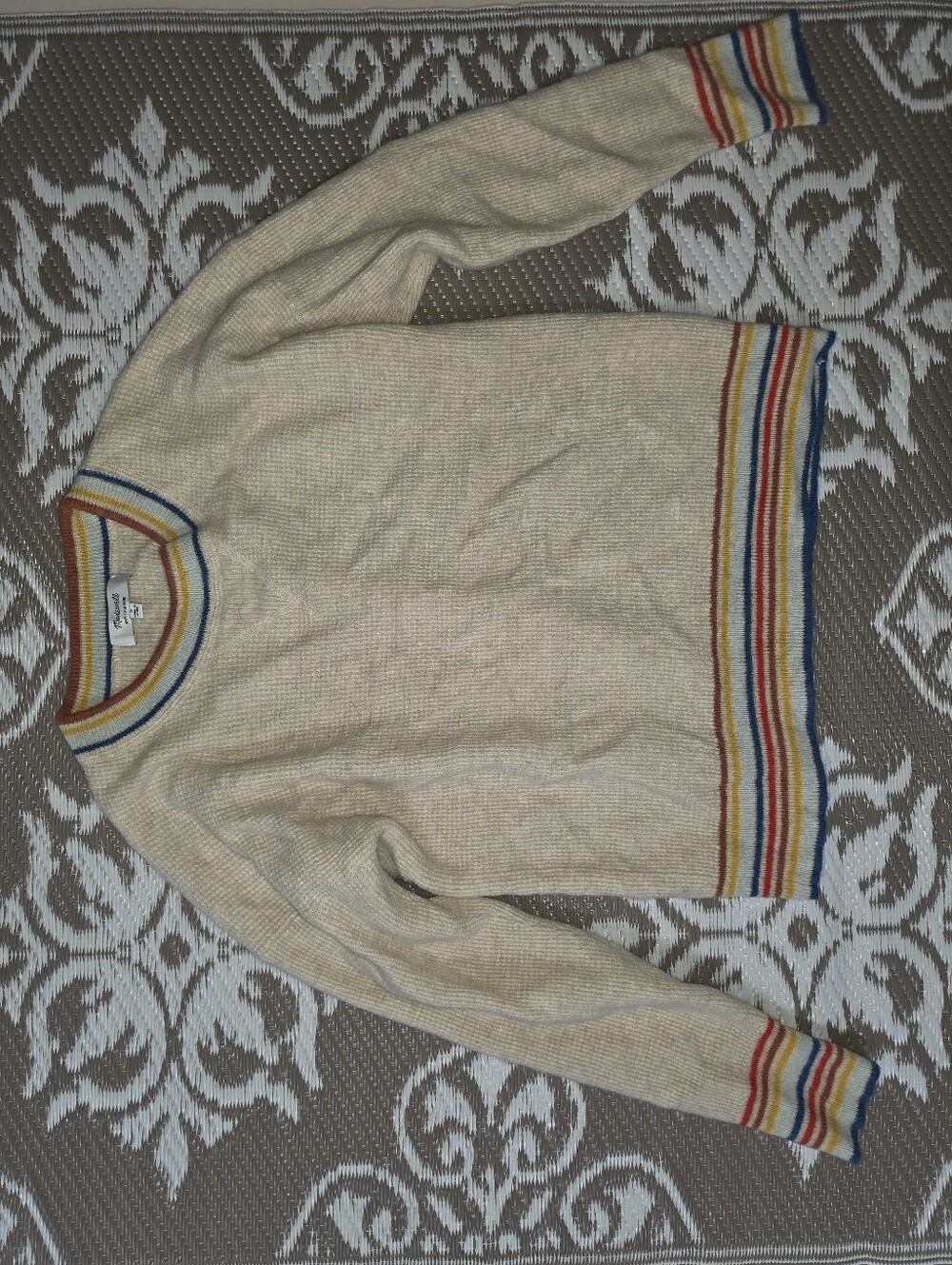 Cashmere Madewell Cream Crewneck Sweater with Rainbow Stripe Trim
